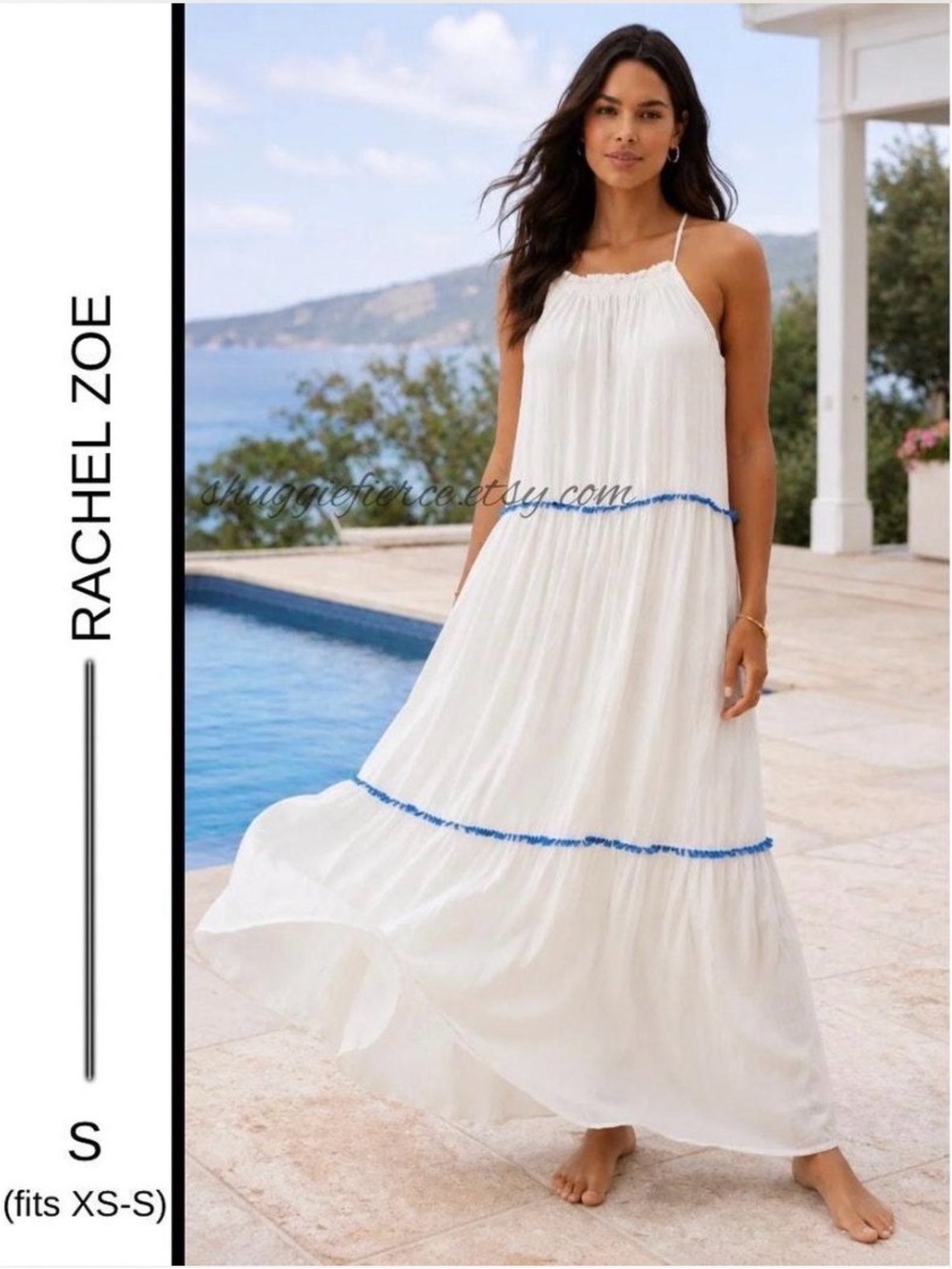 Rachel Zoe White Tiered Halter Maxi Dress with Blue Fringe Trim